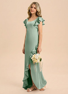 Azazie Demi Junior Agave Mermaid Bow Stretch Satin Dress image4