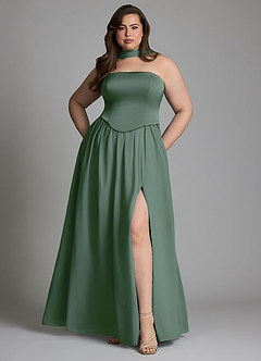 Azazie Cadence At-home Try On Dresses Eucalyptus A-Line Corset Stretch Satin Convertible Dress image7