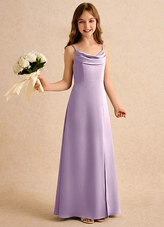 Azazie Shira Girls Formal Flower Girl Dresses Frosted Lilac A-Line Pleated Stretch Satin Dress image4