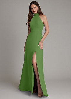 Azazie Myra Bridesmaid Dresses Basil A-Line High Neck Chiffon Dress image1