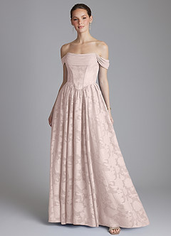 Azazie Raisa Bridesmaid Dresses Blushing Pink A-Line Off the Shoulder Floral Burnout Dress image1