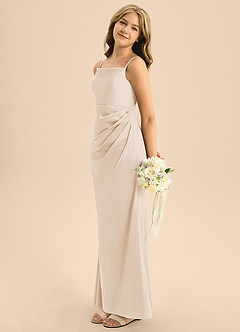 Azazie Renna Junior Jurk van Stretch Satijn met A-Lijn Geplooid Wit Albast image1