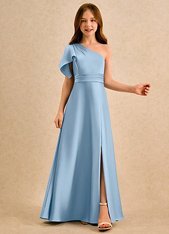 Azazie Jazzy Girls Formal Flower Girl Dresses Powder Blue A-Line One Shoulder Stretch Satin Dress image1