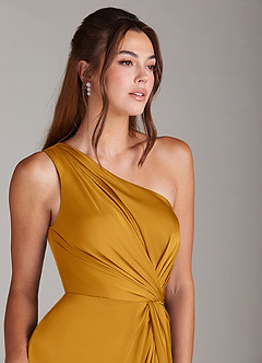 Azazie Brooke Suknie dla druhen Linia A Jedno ramię Satyna elastyczna Długość kostki Sukienka image6