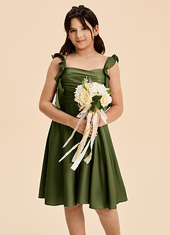 Azazie Kira Junior A라인 러칭 스트레치 새틴 미니 주니어 브라이즈메이드 드레스 image6