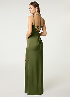 Azazie Desi Bridesmaid Dresses Bright Olive Sheath Halter Corset Stretch Satin Dress image5