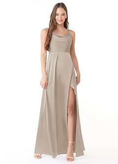 Azazie Naomie Bridesmaid Dresses Frost A-Line Cowl Neckline Side Slit Stretch Satin Dress image1