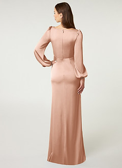 Azazie Mel Bridesmaid Dresses Rose Gold Sheath Long Sleeve Stretch Satin Dress image2