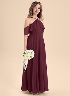 Azazie Tessabelle Junior Cabernet A-Line Off the Shoulder Chiffon Dress image5