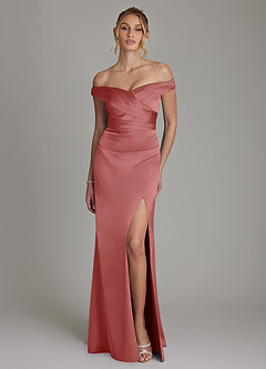 Azazie Teyana Bridesmaid Dresses Antique Rose Sheath Off the Shoulder Stretch Satin Dress image4