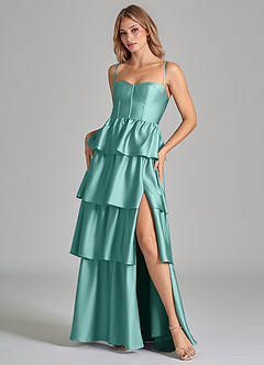 Azazie Faye Bridesmaid Dresses Aqua A-Line Ruched Stretch Satin Dress image8