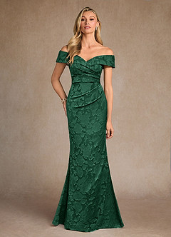 Azazie Canton Mère de la mariée Robes Robe Sirène en Blumen-Burnout Épaule décolletée Vert Foncé image1