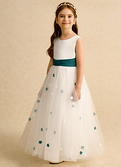 Azazie Cricket Flower Girl Dresses Ivory Peacock Ball-Gown Pleated Matte Satin Dress image5