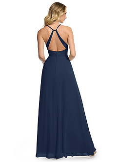 Azazie Davis Robes de demoiselle d'honneur Robe Trapèze en Mousseline de soie Col en V Bleu Marine Foncé image5