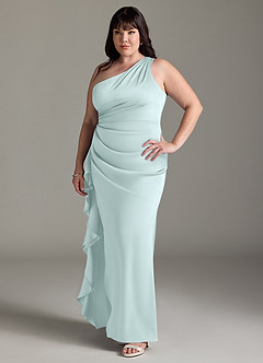 Azazie Latrice Bridesmaid Dresses Sea Glass Sheath One Shoulder Cascading Ruffles Stretch Satin Dress image8