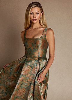 Azazie Jonay vestidos de madre de la novia Vestido de Verde Azulado Vintage de Brocado de Corte En A con Plisado image6