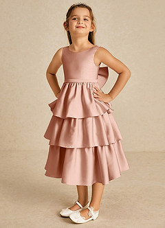 Azazie Margery Flower Girl Dresses Rose Gold A-Line Bow Stretch Satin Dress image3