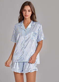 front Randigt pyjamasset med satinpik och volangshorts