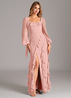 Azazie Candice Brautjungfernkleider A-Linie Langarm Chiffon Kleid Rosettenrosa image5