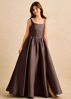 Azazie Enid Girls Formal Flower Girl Dresses Ganache A-Line Beaded Stretch Satin Dress image1