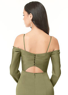 Azazie Hallie Vestidos de damas de honor Vestido de Pistacho de Satén Elástico de Corte Recto Convertible con Manga larga con hombros descubiertos image8