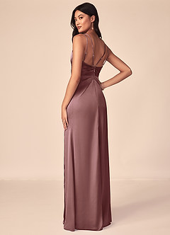 Azazie Aqua Bridesmaid Dresses Vintage Mauve A-Line V-Neck Pleated Stretch Satin Dress image3