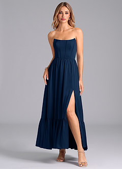 Azazie Leilana Bridesmaid Dresses Dark Navy A-Line Corset Stretch Satin Dress image3