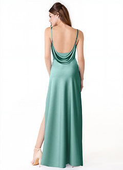 Azazie Alaija Vestidos de damas de honor Vestido de Aqua de Satén Elástico de Corte Sirena con Corte Lateral image4