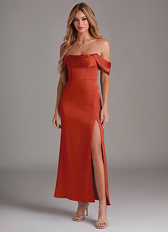 Azazie Saige Bridesmaid Dresses Rust Mermaid Off the Shoulder Stretch Satin Dress image3