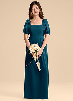 Azazie Briar Junior Ink Blue A-Line Bow Stretch Satin Dress image1