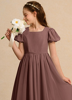 Azazie Lilia Girls Formal Flower Girl Dresses Espresso A-Line with Sleeves Chiffon Dress image5