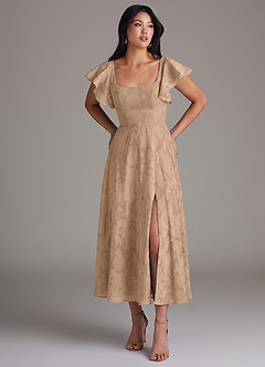 Azazie Bondi Bridesmaid Dresses Champagne A-Line Ruched Floral Burnout Dress image1