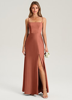 Azazie Lidia Bridesmaid Dresses Clay Mermaid Side Slit Stretch Satin Dress image10