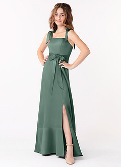 Azazie Barbara Junior Eucalyptus A-Line Bow Stretch Satin Dress image1