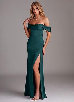 Azazie Saige Bridesmaid Dresses Pine Sheath Off the Shoulder Stretch Satin Dress image5