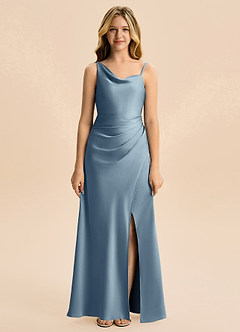 Azazie Abby Junior Robe Trapèze en Satin extensible Plissée Bleu Poussiéreux image5