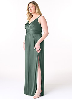 Azazie Aqua Robes de demoiselle d'honneur Robe Trapèze en Satin extensible Col V plissé Mousse De Mer image10