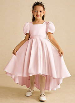 Azazie Zippy Flower Girl Dresses Blushing Pink A-Line with Sleeves Matte Satin Dress image2