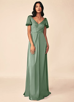 Azazie Soren Bridesmaid Dresses Matcha A-Line Pleated Stretch Satin Dress image1