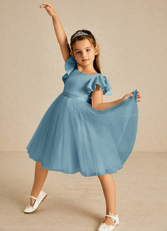 Azazie Kaeya Flower Girl Dresses Moody Blue A-Line Bow Tulle Dress image2