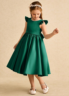 Azazie Dumpling Flower Girl Dresses Emerald A-Line Bow Matte Satin Dress image3