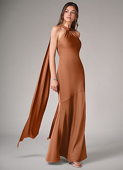 Azazie Kinsley Bridesmaid Dresses Copper Mermaid Side Slit Stretch Satin Dress image3