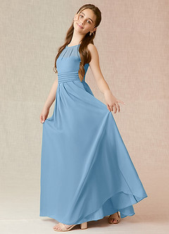Azazie Bibiane Junior Steel Blue A-Line Pleated Chiffon Dress image3