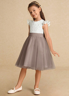 Azazie Vetty Flower Girl Dresses Ivory Taupe A-Line Lace Tulle Dress image3