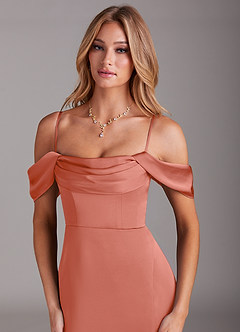 Azazie Saige Bridesmaid Dresses Salmon Pink Mermaid Off the Shoulder Stretch Satin Dress image2