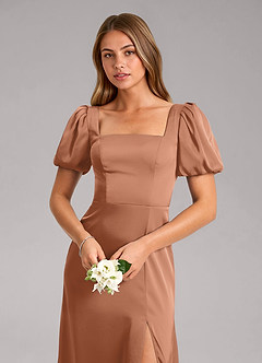 Azazie Fyona Bridesmaid Dresses Bronzer A-Line Pleated Stretch Satin Dress image6