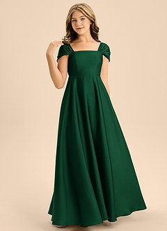 Azazie Rowena Junior Vestido de Verde Oscuro de Satén Elástico de Corte en A con Lazo image4