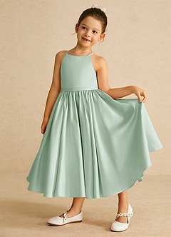 Azazie Sunray Flower Girl Dresses Agave A-Line Spaghetti Strap Matte Satin Dress image4