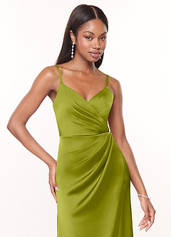 Azazie Maci Bridesmaid Dresses Lemongrass A-Line V-Neck Pleated Stretch Satin Dress image5
