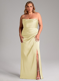 Azazie Leonis Jurken voor bruidsmeisjes Converteerbaar Jurk van Stretch Satijn met Zeemeermin Geplooid Citroensorbet image10